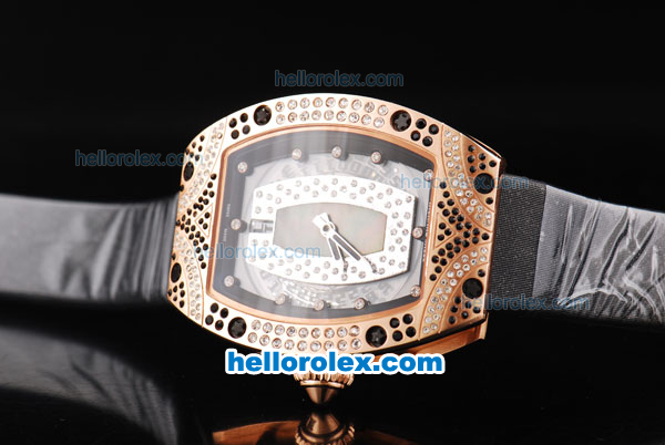 Richard Mille RM007 Automatic Movement Rose Gold Case with Diamond Hour Marker and Diamond Bezel-Black Leather Strap - Click Image to Close